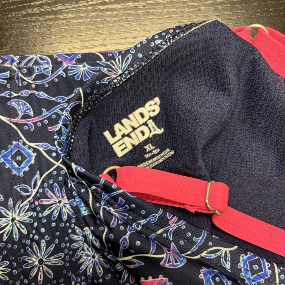Lands' End Girls XL Blue Pink Floral‎ Ocean Swim Top Racerback Tankini
